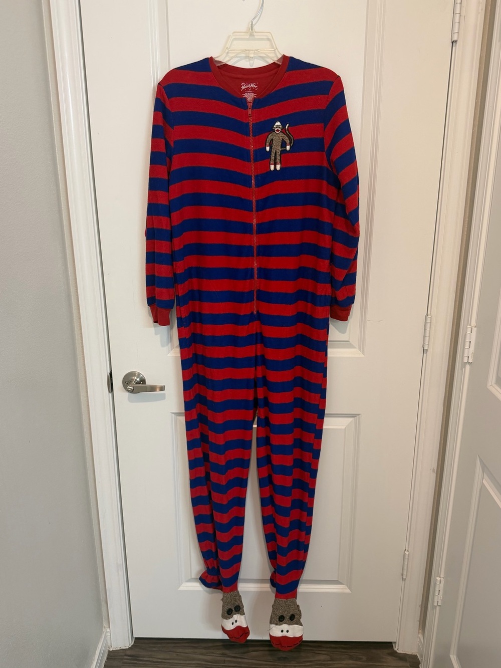 Nick & Nora Sock Monkey Footed Pajamas One Piece Size S Red Blue Striped Costume